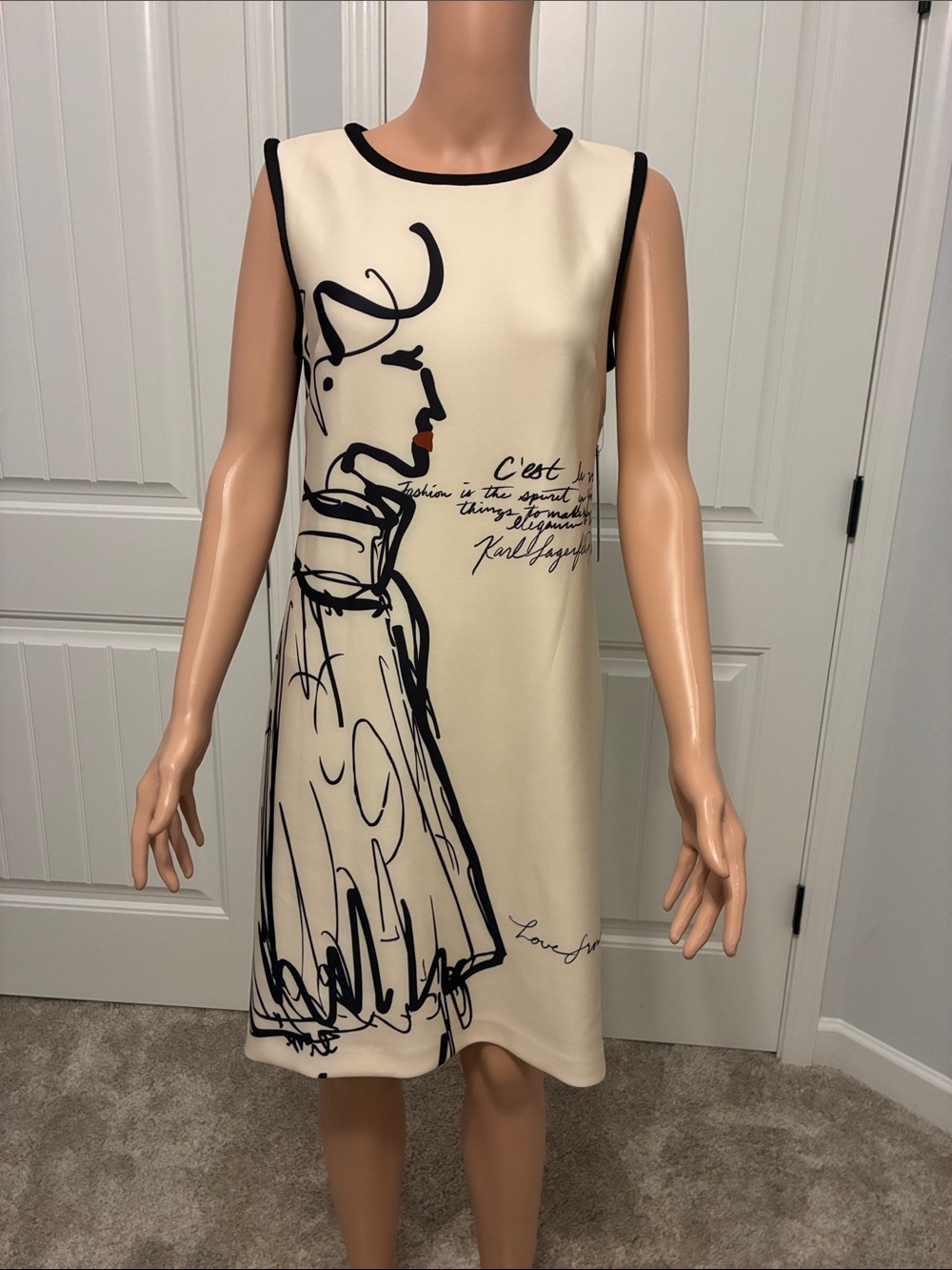 Karl Lagerfeld Cream Mini Dress with Black Sketch Illustration.